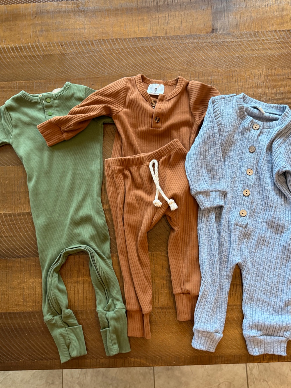 Bundle of 3 Long Sleeve Baby Outfits Size 6-12M Green, Blue, Brown